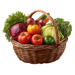 A wicker basket brimming with colorful vegetables.  Fresh produce,  red, orange, yellow, green hues.  Healthy, vibrant,  natural
