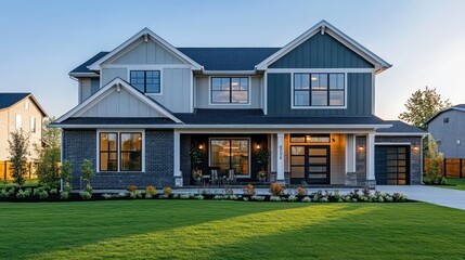 Modern two-story suburban house with blue and gray exterior, large windows, front porch with chairs, well-maintained landscaped garden, and green lawn at sunset