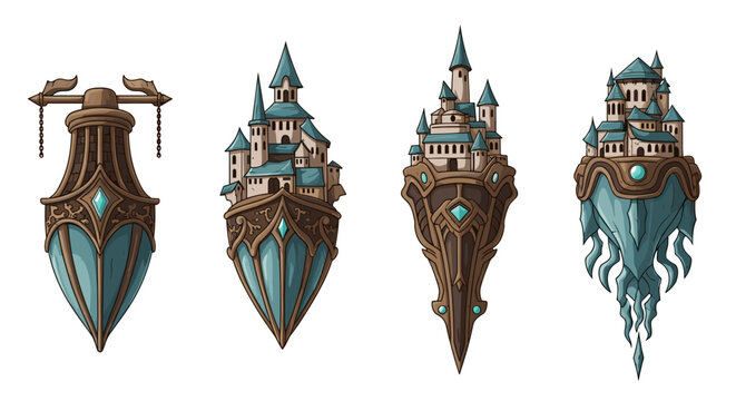 Ornate fantasy castles floating elegantly with unique designs and color palettes