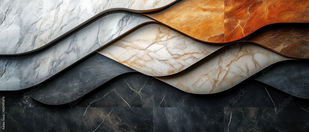Poster close-up of layered wavy marble slabs with varied textures and colors including white, gray, black, 
