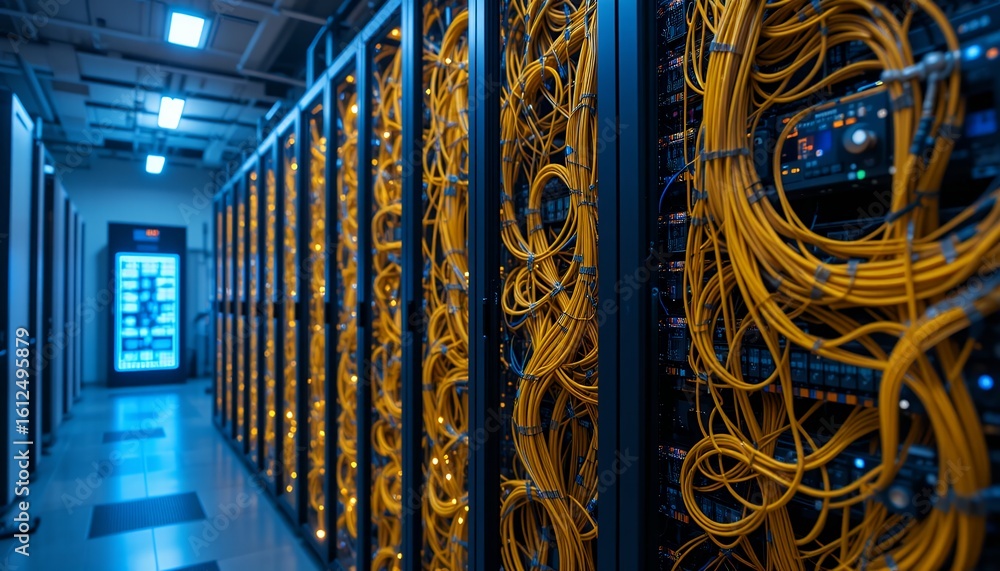 Poster extensive data center rack infrastructure with illuminated ethernet cables in modern server room