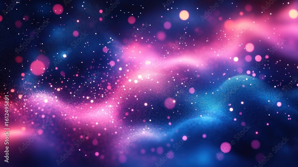 Poster abstract cosmic scene with glowing pink and blue particles creating a dreamy, ethereal atmosphere wi