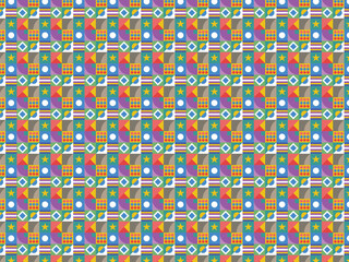 Fototapeta premium Vibrant seamless geometric pattern featuring a colorful array of shapes like stars, circles, and squares. Abstract retro style background for textile print or wallpaper.