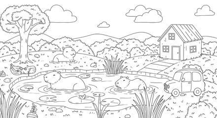 Capybara animals children’s coloring book illustration. Perfect for kids to color and enjoy, adding a splash of creativity to their day