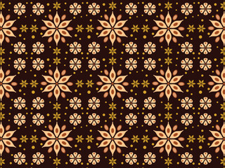 Elegant seamless pattern with stylized flowers. Vintage ornamental background with floral motifs on a dark brown backdrop. Traditional decorative vector art.