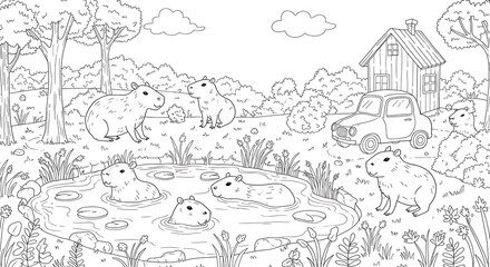 Capybara animals children’s coloring book illustration. Perfect for kids to color and enjoy, adding a splash of creativity to their day