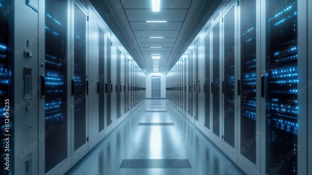 Poster long corridor inside a modern data center with rows of server racks glowing with blue indicator ligh