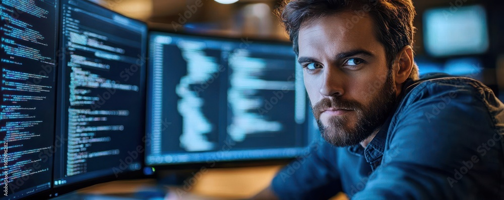Poster focused young man sitting in front of multiple computer screens displaying code in a dimly lit works