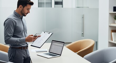 A focused young professional reviews documents and uses a laptop while working in a modern .