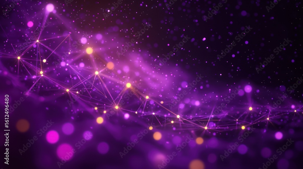 Aufkleber abstract glowing purple and orange connected dots with flowing network lines on a dark background, c