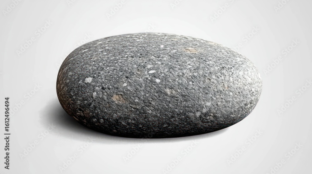 Poster smooth gray stone with speckled texture lying on a white surface casting a soft shadow