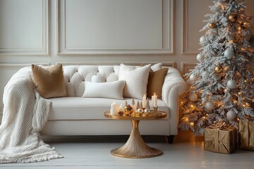Cozy living room with a white tufted sofa, soft cushions, knitted throw blanket, golden round table with candles and ornaments, and a decorated snowy Christmas tree with wrapped gifts