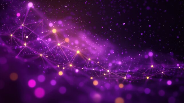 Abstract glowing purple and orange connected dots with flowing network lines on a dark background, creating a sense of depth and digital connectivity
