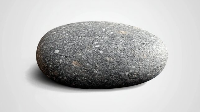 Smooth gray stone with speckled texture lying on a white surface casting a soft shadow