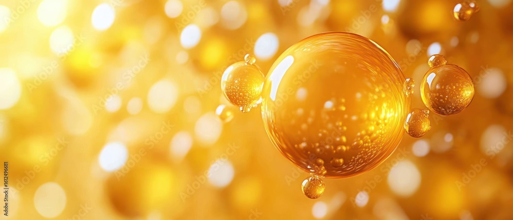 Aufkleber close-up view of golden translucent bubbles suspended in a glowing warm light background creating a 