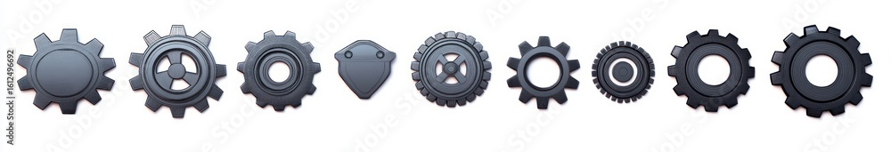 Poster row of nine different black mechanical gears and cogwheels arranged in a line on a white background 