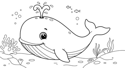 Whale animals children’s coloring book illustration. Perfect for kids to color and enjoy, adding a splash of creativity to their day