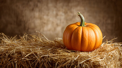 Vibrant Orange Pumpkin Resting on Dry Hay Against Textured Brown Background Evoking Autumn Harvest