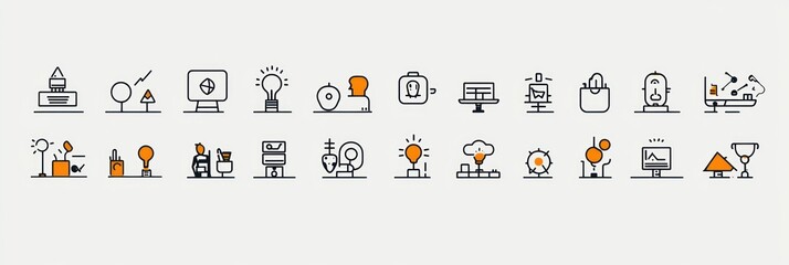 Set of minimalistic black and orange line icons representing innovation, creativity, science, technology, data analysis, and research with light bulbs, graphs, laboratory equipment, and trophies