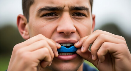 Young athlete prepares for sports by inserting blue mouthguard into mouth for protection
