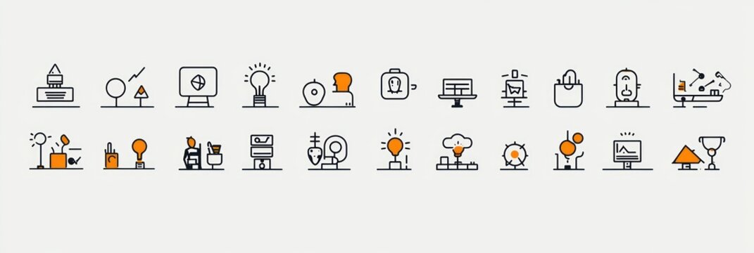 Set of minimalistic black and orange line icons representing innovation, creativity, science, technology, data analysis, and research with light bulbs, graphs, laboratory equipment, and trophies