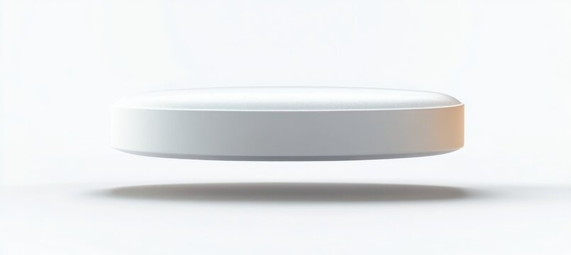 Minimalist white round object hovering above a white surface casting a soft shadow with subtle warm light on one side