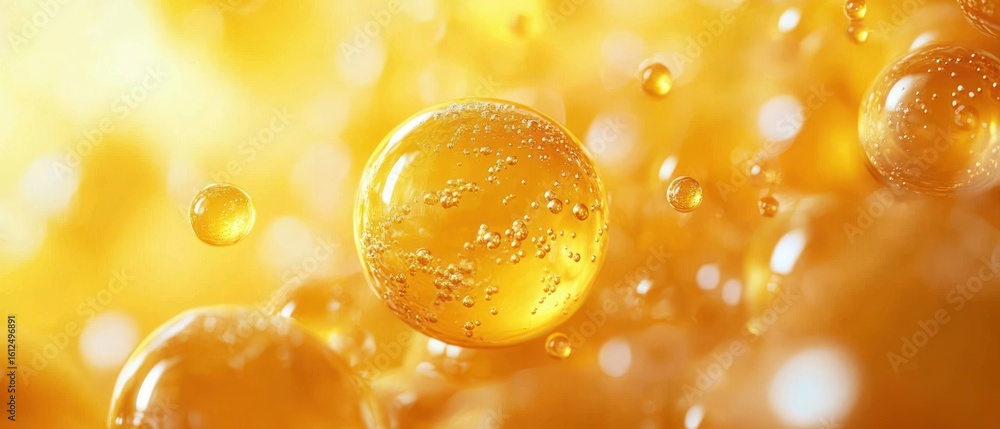 Aufkleber close-up of golden translucent bubbles with smaller bubbles inside floating in a warm glowing backgr