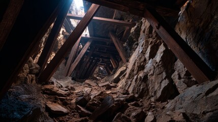 Abandoned underground mine tunnel interior with wooden beams, rusty metal frames, dirt-covered walls, debris on the floor, and soft natural light illuminating rough rocky formations in total darkness
