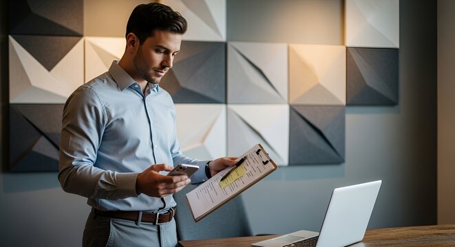 A focused young professional man reviews documents and uses his phone while working at his desk with a laptop nearby. - Powered by Adobe