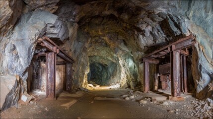 Abandoned underground mine tunnel interior with wooden beams, rusty metal frames, dirt-covered walls, debris on the floor, and soft natural light illuminating rough rocky formations in total darkness