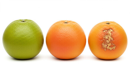 Three grapefruits showing stages of ripeness and decay.
