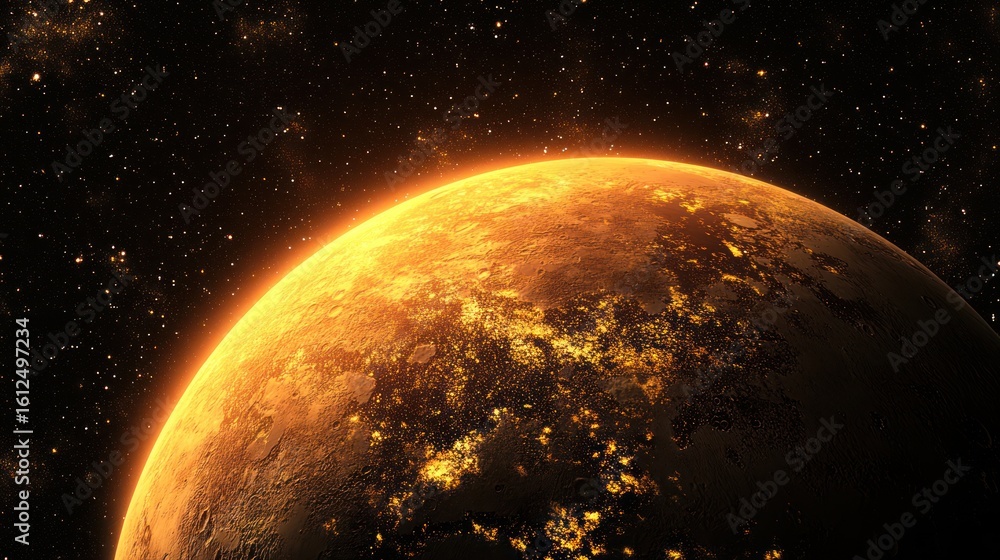 Poster celestial illumination: a glowing planet radiating warmth in the starlit void