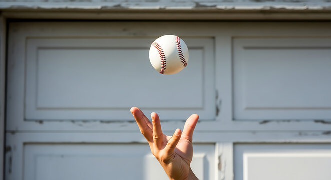 Baseball player tossing a ball up in the air towards a garage door ready to catch it - Powered by Adobe