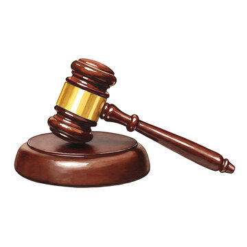 Realistic illustration of a wooden judge's gavel and sound block, isolated on white background. Law, justice, auction, and verdict concept.
