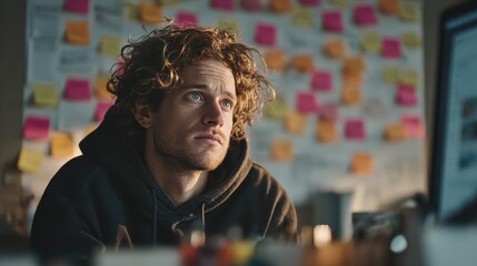 A thoughtful man gazing up at a wall of sticky notes, deep in concentration