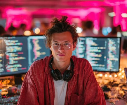 A male programmer sitting in front of computer screens looking at the camera. He is wearing glasses, a red shirt and has headphones around his neck. He works with coding and data