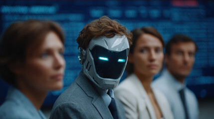 A futuristic concept: a person wearing a robot mask in a business setting