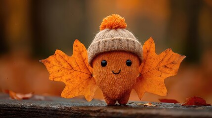 A whimsical autumn creature with a hat, autumn leaves, and a delightful smile. The creature radiates the warm feeling of fall, surrounded by vibrant colors