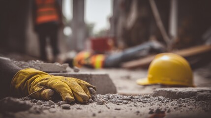 Construction site accident aftermath with yellow safety helmet and gloved arm lying in rubble, blurred reflective vest in background, highlighting workplace hazard, injury risk, and safety negligence