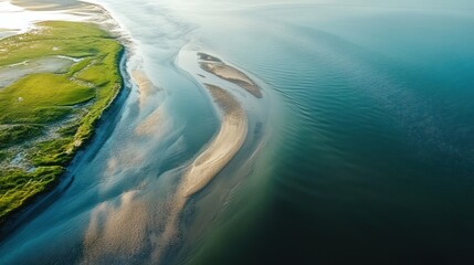 Panoramic drone view of tidal flats and green marshland at low tide on coast