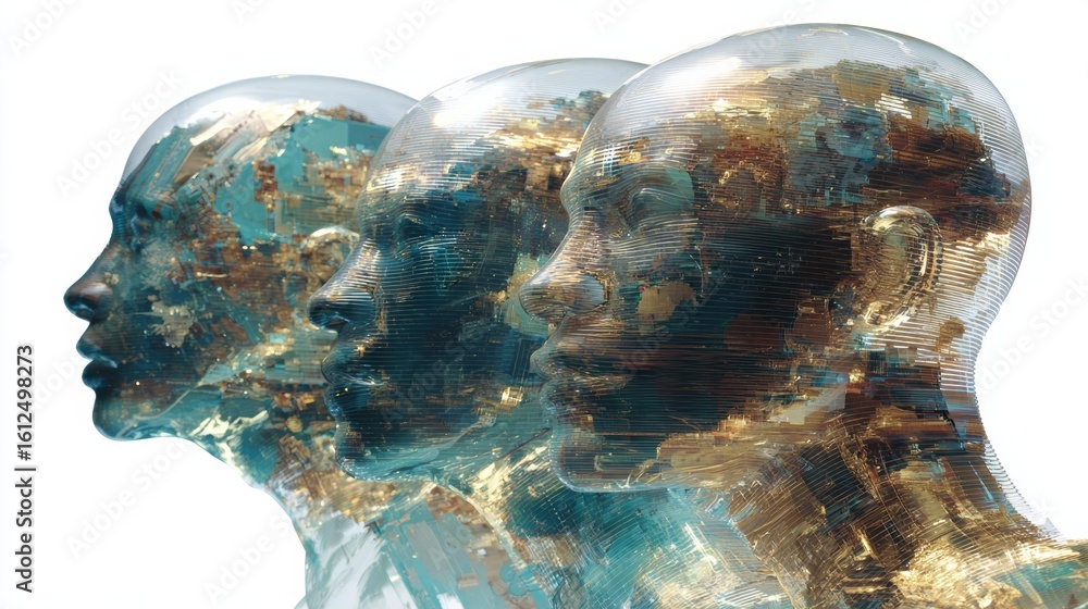 Poster multilayered transparent human heads evolving into a futuristic design with intricate details in a l