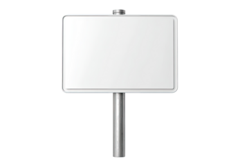 Blank rectangular sign on a metal post.  A simple, white, rectangular sign attached to a silver metal post.  Empty space for text or graphics.  3D rendering