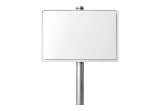 Blank rectangular sign on a metal post.  A simple, white, rectangular sign attached to a silver metal post.  Empty space for text or graphics.  3D rendering