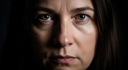 Close up portrait of a determined woman with intense eyes on a dark background