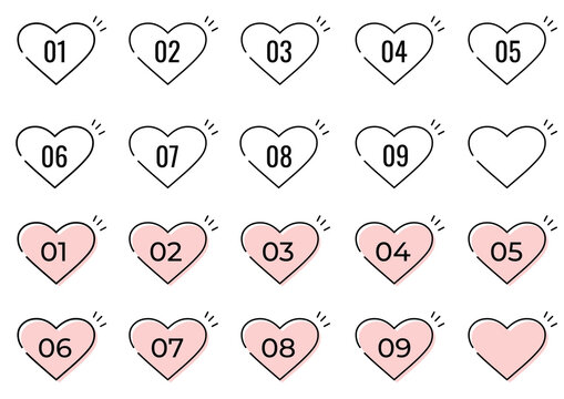 Cute Heart Number Icons Set: Vector Line Art for Favorite Rankings, Lists, and Steps