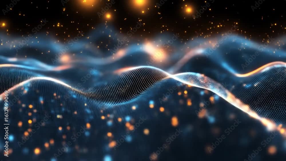 Aufkleber luminous particles form a flowing digital landscape representing interconnected data and energy.