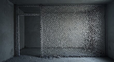 Empty room with Fence of metal mesh covered with frost on wall