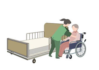 介護ベットを試した老人を車椅子に移乗している介護士の絵