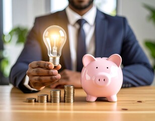 Businessman holds lightbulb, piggy bank, coins