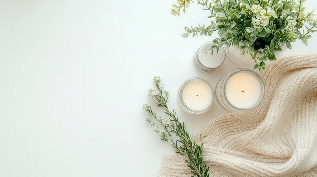 A flat lay top view of home decor items like a vase, candles, and plants arranged